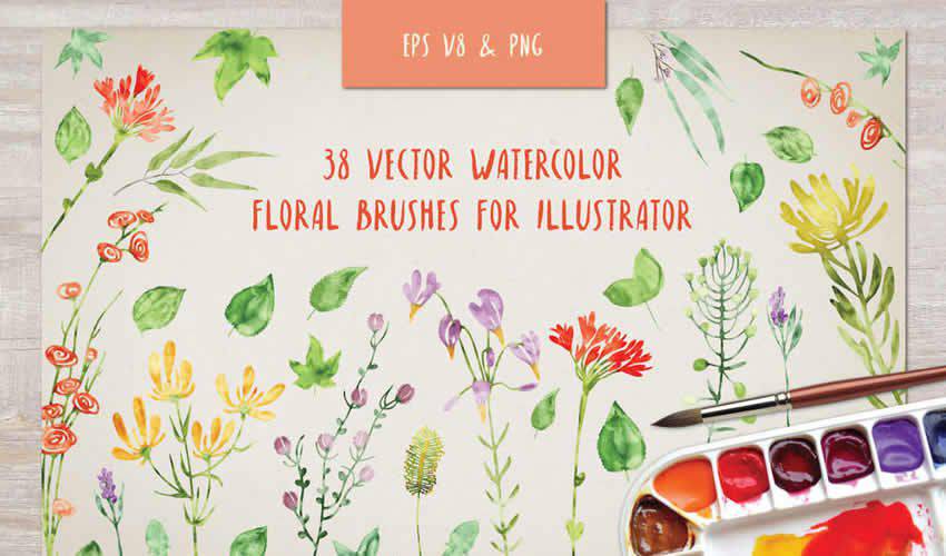 Acuarela floral adobe illustrator pincel pinceles abr pack set gratis